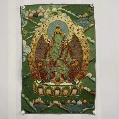 35"Thangka Embroidery Tibetan Buddhism Amitayus Green Tara Buddha lotus platform