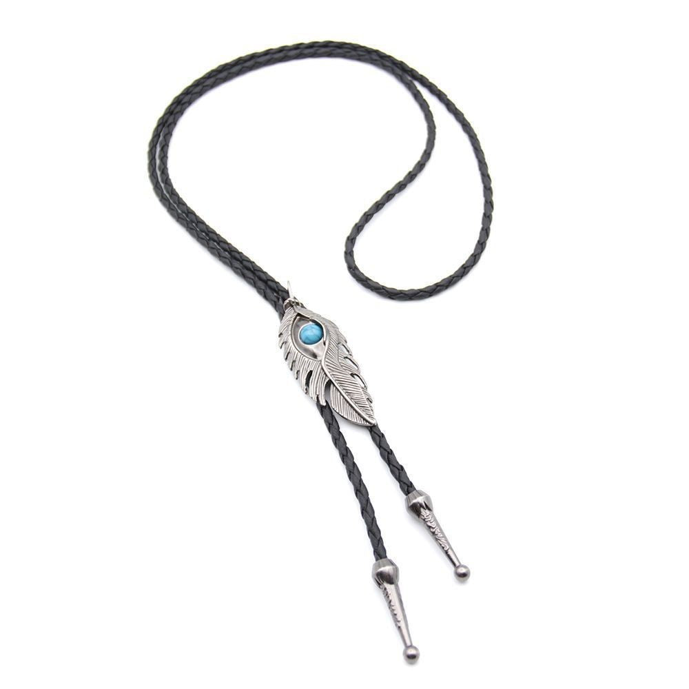 Western Cowboy Bolo Tie Feather Metal Blue Bead Unisex Cos Necklace