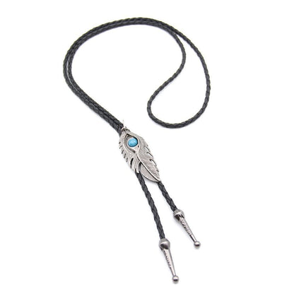 Western Cowboy Bolo Tie Feather Metal Blue Bead Unisex Cos Necklace
