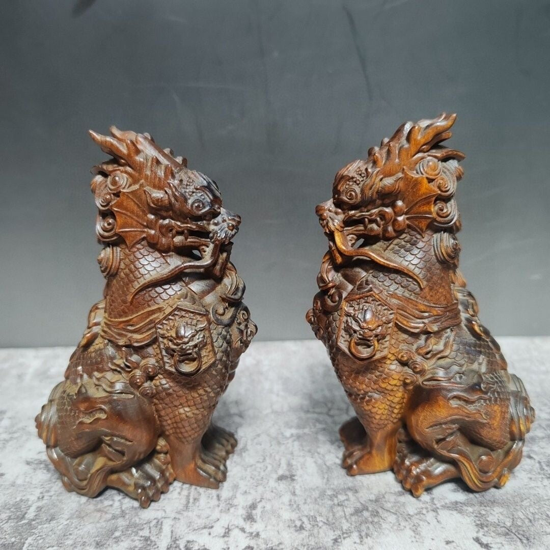 Pair Chinese boxwood kirin statue Figure good stand collection Art tea pet