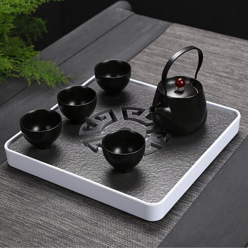 Black Stone Kungfu Tea Tray with Drainage Water Storage for Puer Tableware Tea