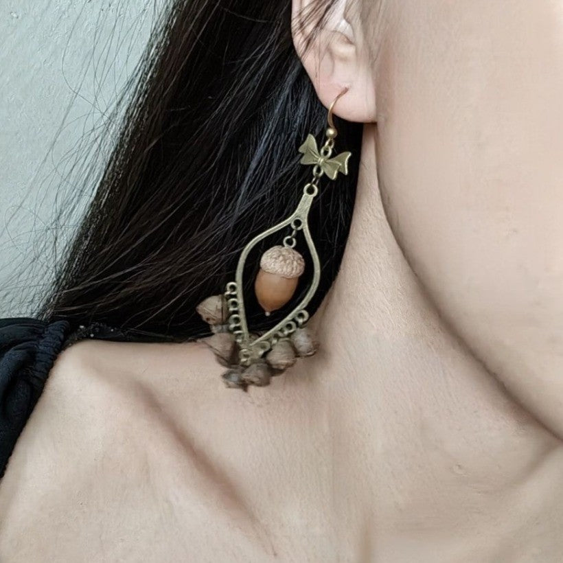 Natural Acorn Earrings Handmade Forest Style Fruit Dangle Earrings Pair