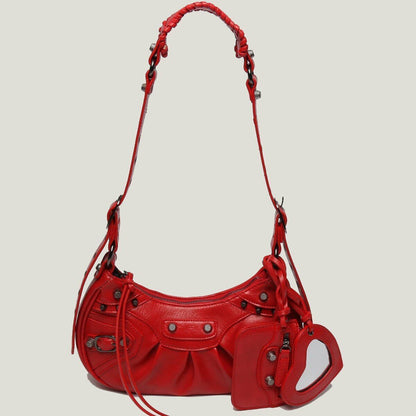 Shoulder Bag Handbag Pleated Rivet Fashion Underarm Bag Motorcycle Bag Polyester