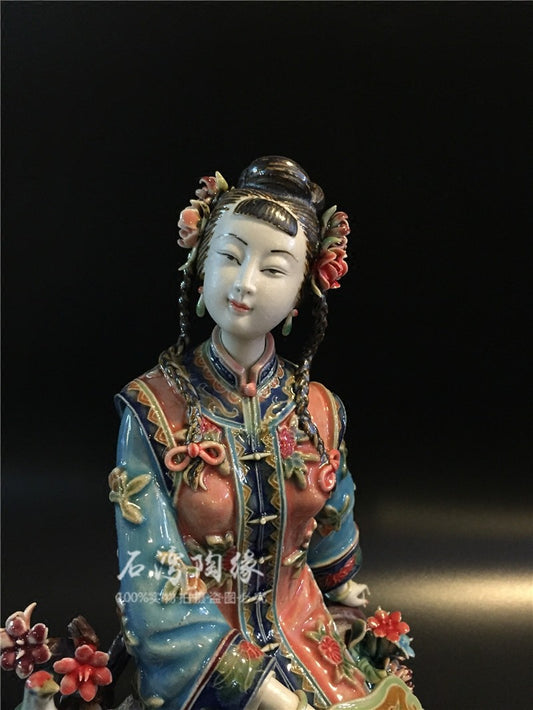 10" Wucai Porcelain Pottery Classic Beauty Women Lady Belle Happy Flower Statue
