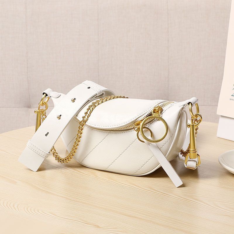 Genuine Leather Waist Bag Shoulder Messenger Bag Crossbody Chains Handbags Black