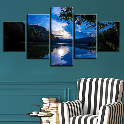 Forest Lake Moonlit Blue Sky 5 Panel Canvas Print Wall Art Home Decor Painting