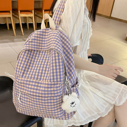 Waterproof Nylon Women Backpack Schoolbag Plaid Travel Bag Polyester Purple Blue