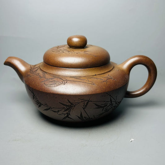 Vintage Chinese Yixing Purple Clay Teapot Zisha Ceremony Carving Bamboo Tea Set