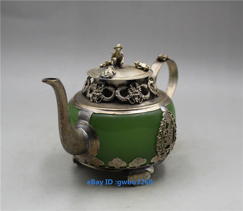 China Old Tibetan Silver Inlay Jade Hand Carved Dragon Teapots Collection