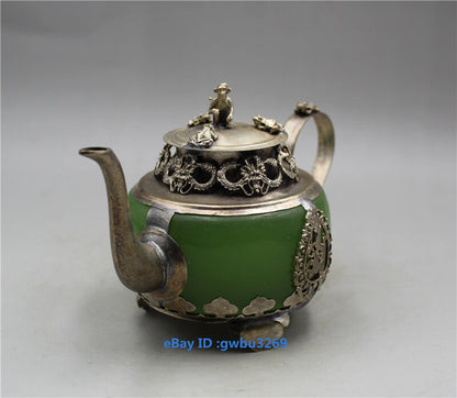 China Old Tibetan Silver Inlay Jade Hand Carved Dragon Teapots Collection