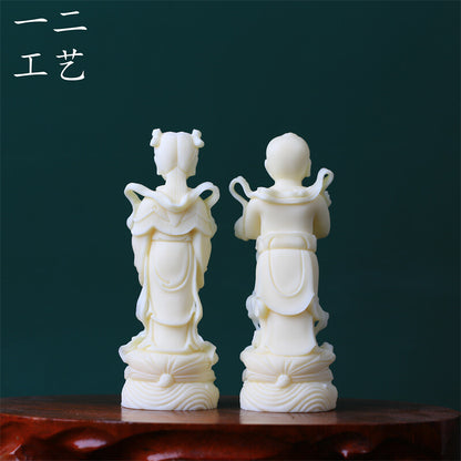 Tagua Nut Golden Boy and Jade Girl Ornament Home Buddha Statue Tea Pet