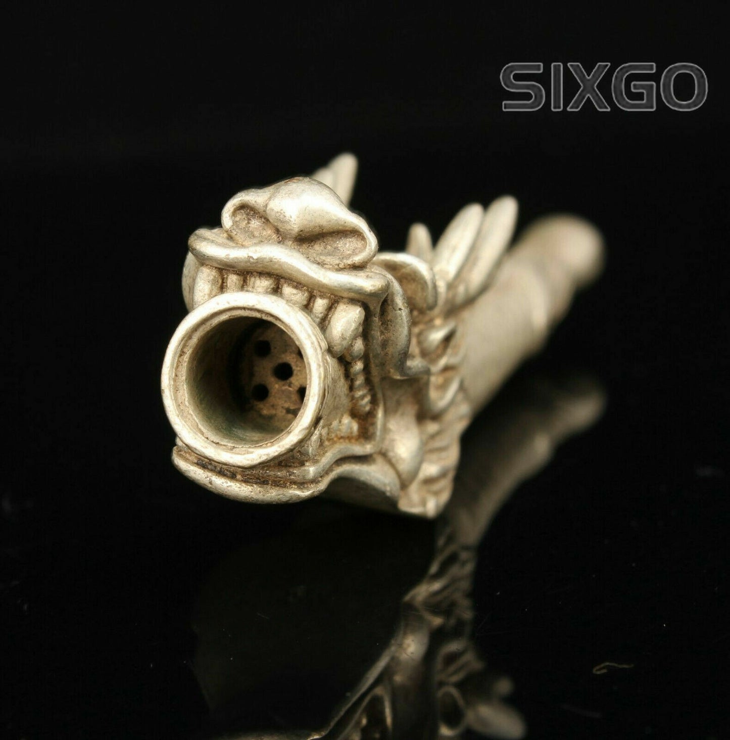China Collectible Hand-carved Dragon Head Retro Tibetan Silver Pipe