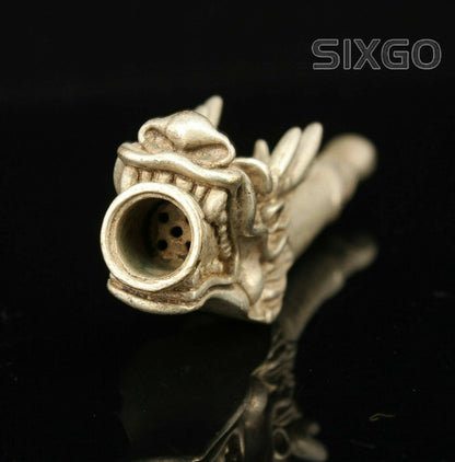 China Collectible Hand-carved Dragon Head Retro Tibetan Silver Pipe