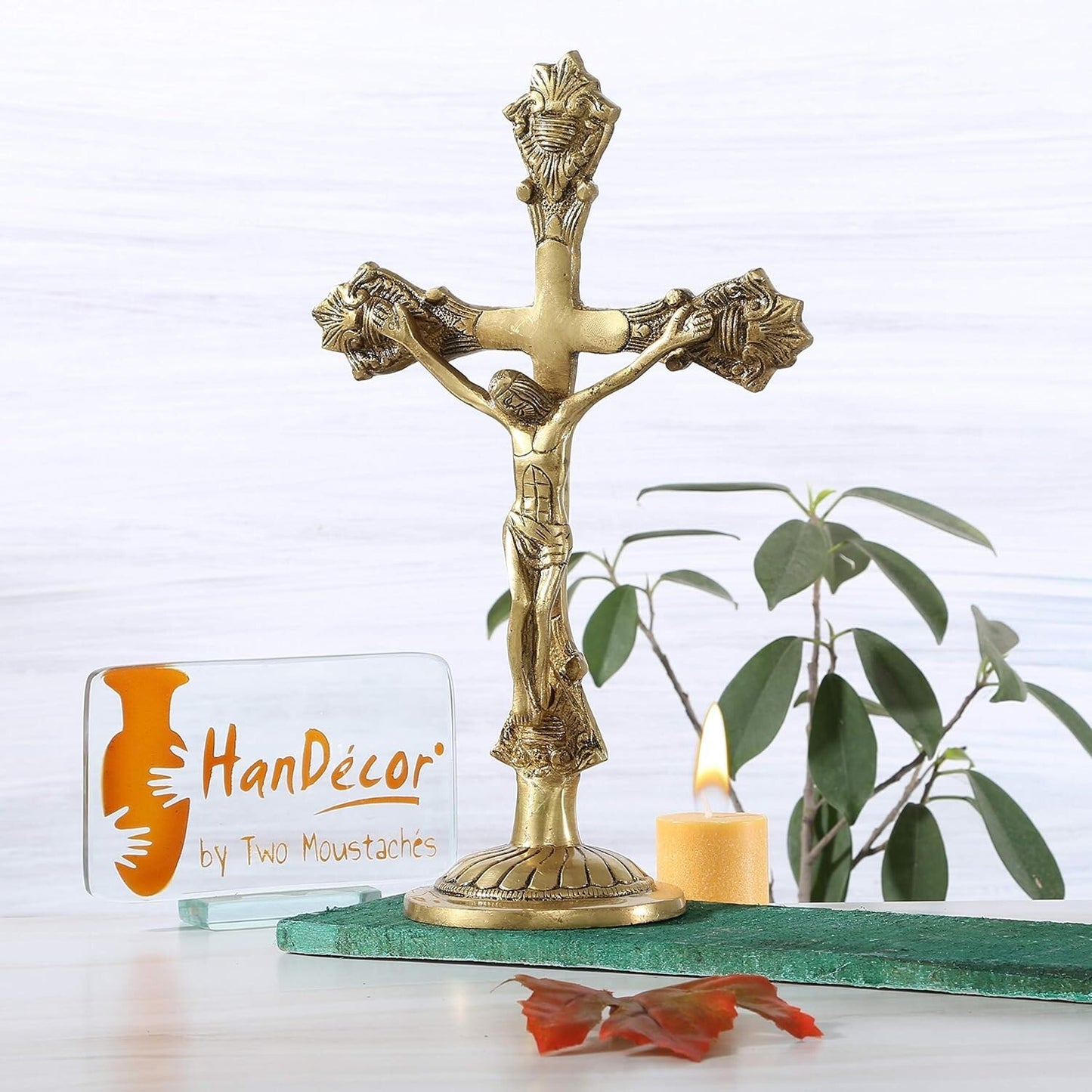 Brass Lord Jesus On Holy Cross Statue Figurine Standard, Antique Yellow 1 Piece