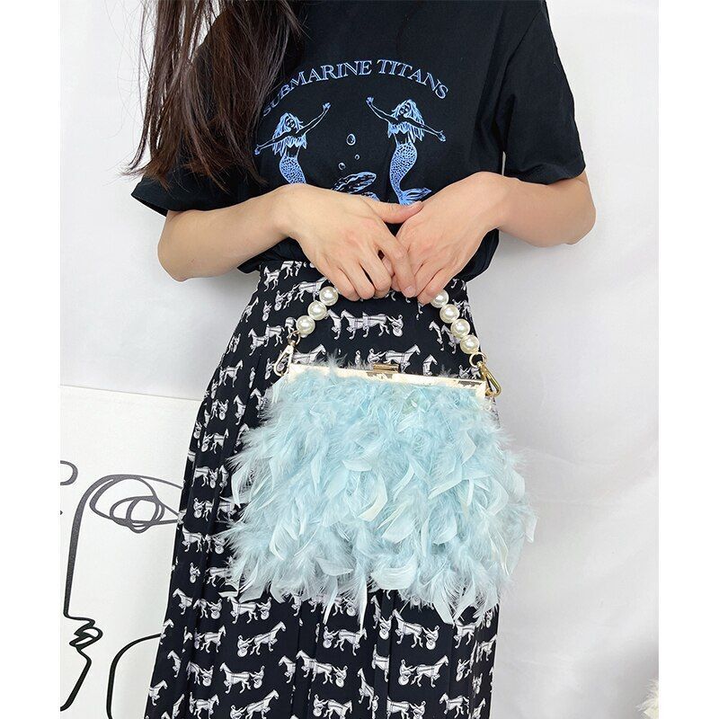 Luxury Real Feather Purse Handbag Clutch Shoulder Bags Pearl Chain 20*5*18 CM
