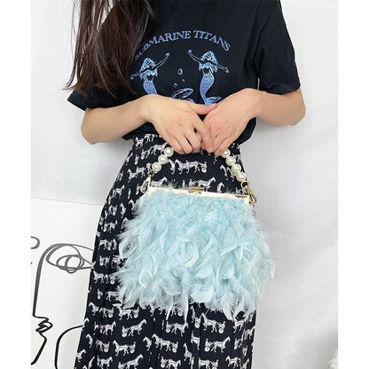 Luxury Real Feather Purse Handbag Clutch Shoulder Bags Pearl Chain 20*5*18 CM