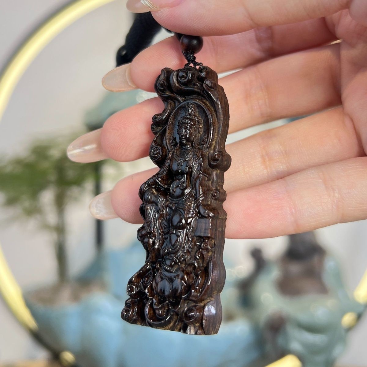 Papua Rosewood Carved Guanyin Pendant Lotus Buddha Wood Amulet Vintage Ornament