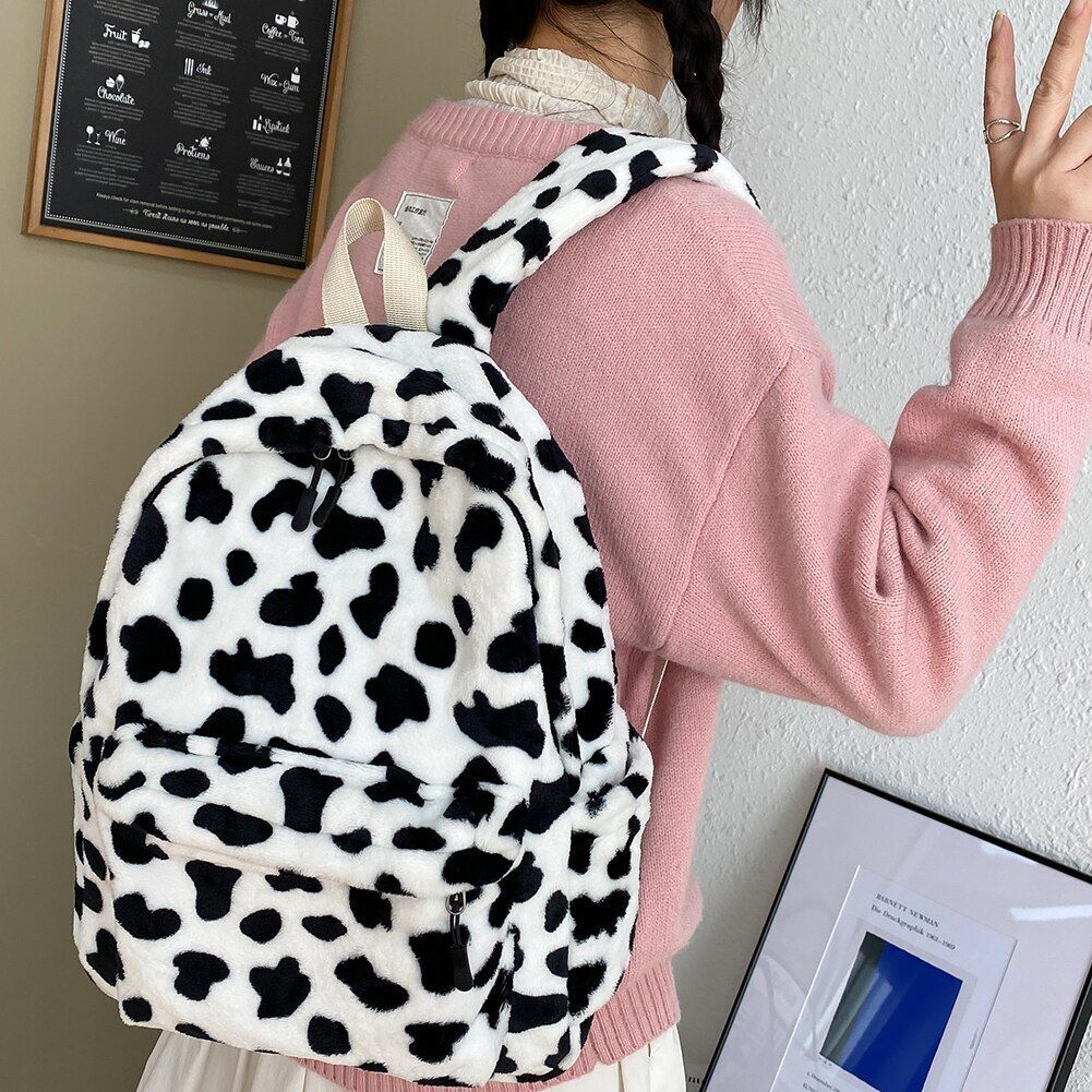Warm Plush Backpack Teenager School Bag Fashion Cow Print Multipocket Travel Bag