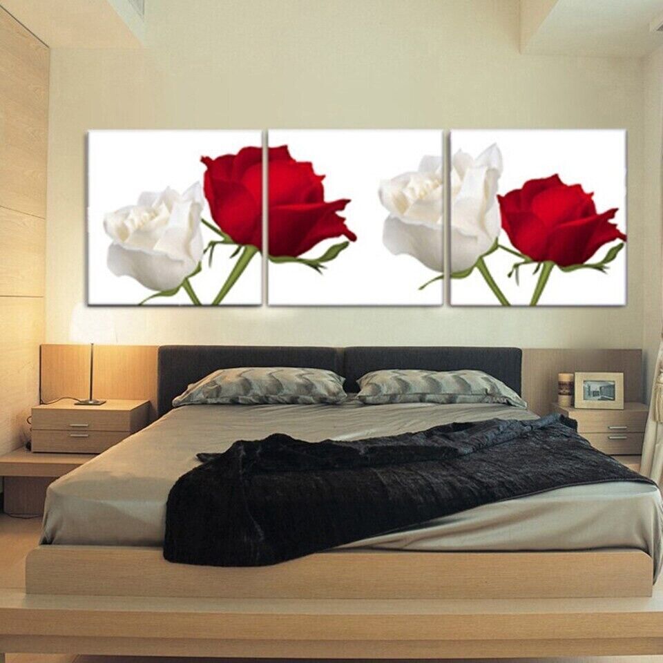 White And Red Rose Flowers 3 Pieces Canvas Print Wall Art Poster Home Decoration