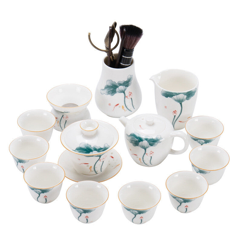 Fat Mutton Jade Porcelain Tea Set Handpainted Tea Pot Gaiwan Pitcher Tea Cup New