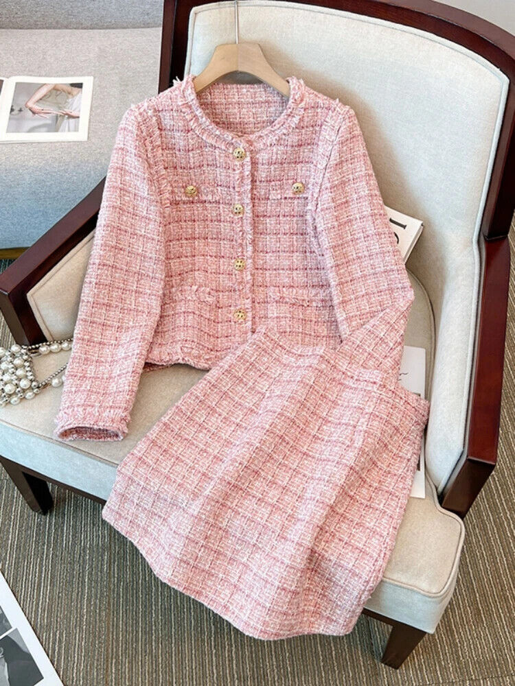 Autumn 2Piece Set Women Short Jacket Coat + Plaid Mini Skirt Suits