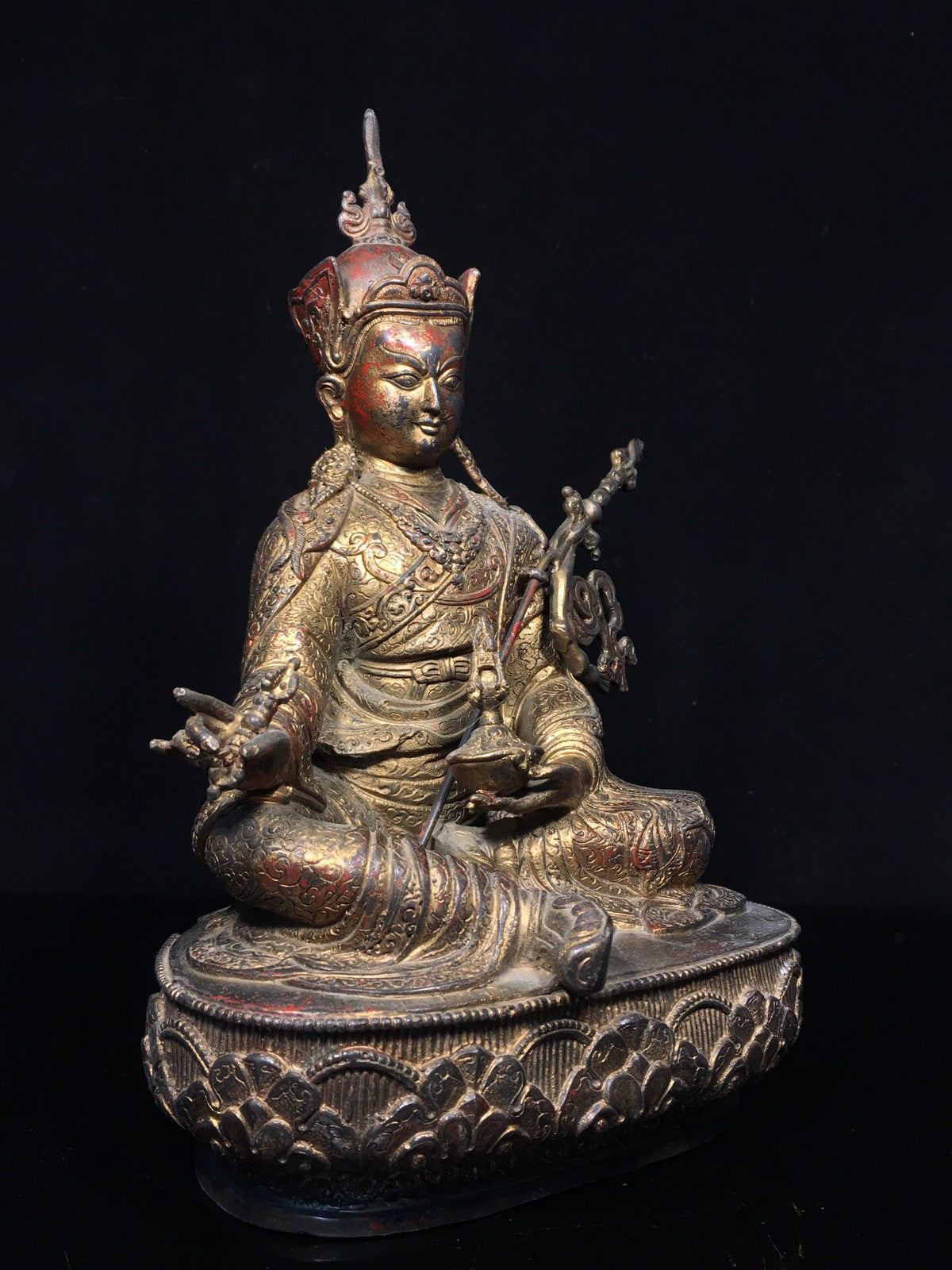 Old Dynasty Chinese Tibet Buddhism Temple Bronze Padmasambhava Buddha Statue