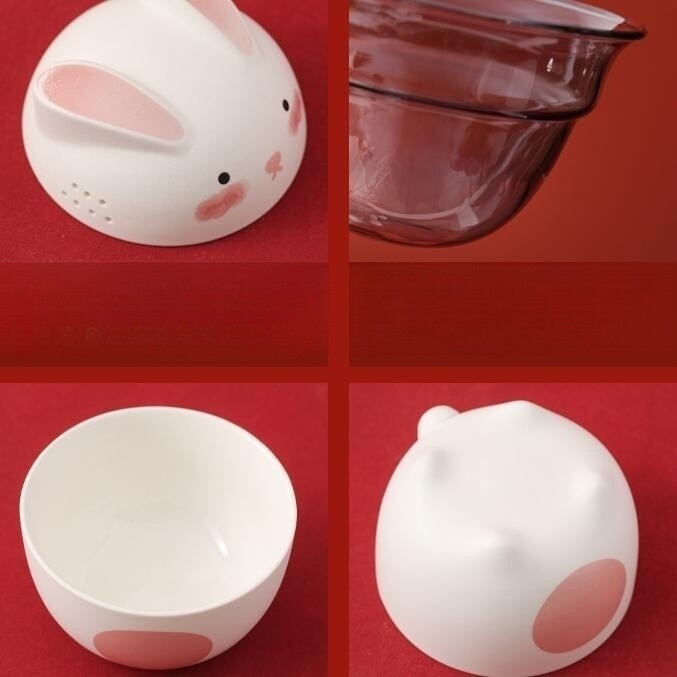 Chinese Tea Set Porcelain Tea Cup Rabbit Design Glass Pitcher Portable Bag Gift