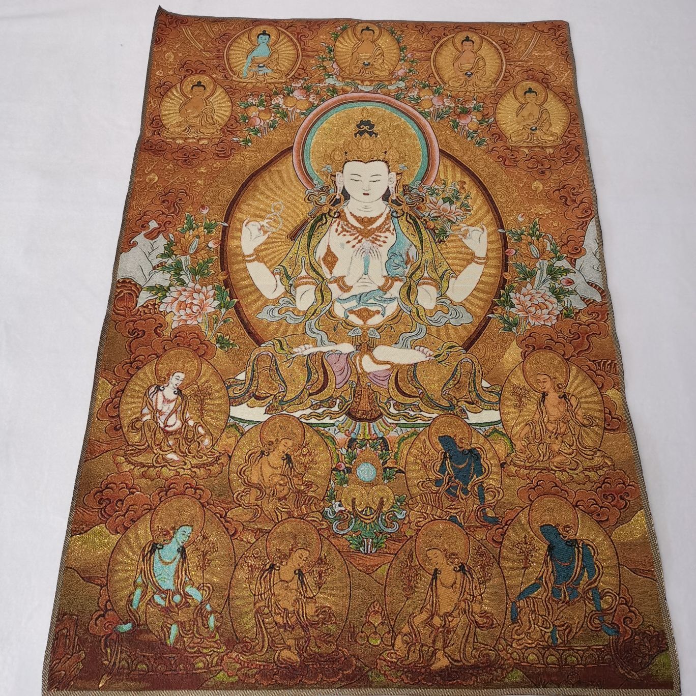 36"Tibet Tibetan Cloth Silk Buddhism 4Arms Guanyin Kwan-yin Tangka Thangka Mural