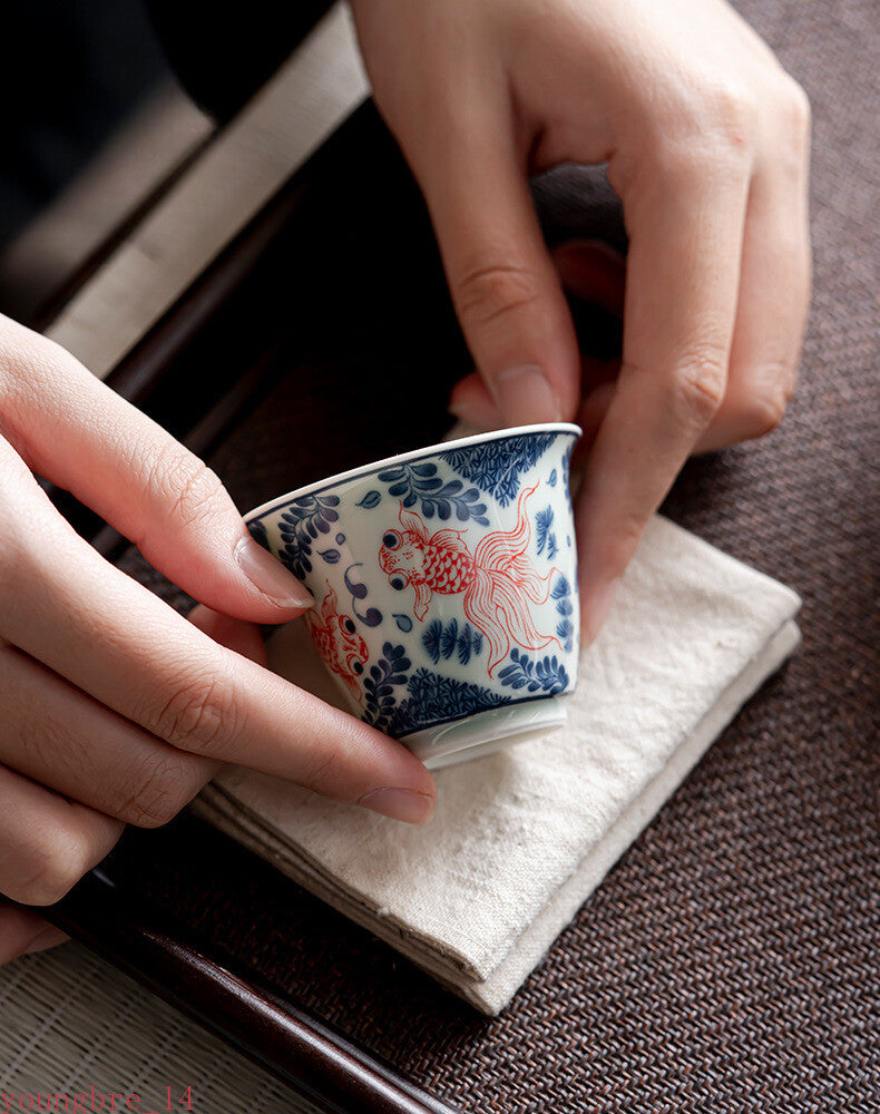Blue and White Master Cups Underglazed Hand Painted Red Fish Lotus Teacup
