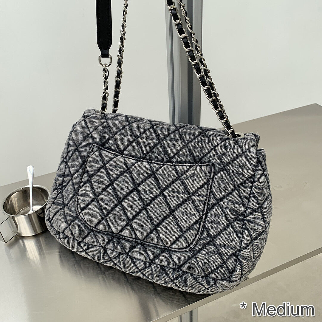 Large Quilted Denim Shoulder Bag Flap Purse Handbag w/ Chains Fashion Hobo Tote