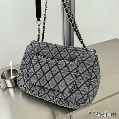Large Quilted Denim Shoulder Bag Flap Purse Handbag w/ Chains Fashion Hobo Tote