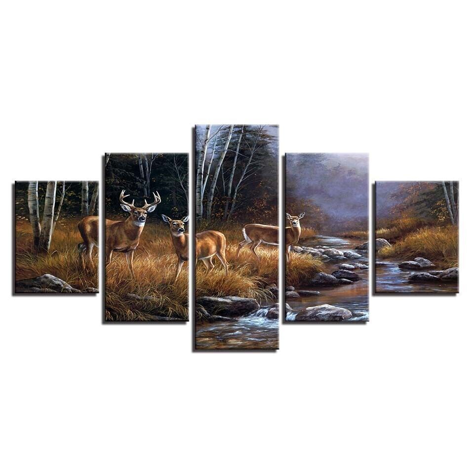 Deers Elks Forest Trees River Sunset Canvas Prints Painting Wall Art Decor 5PCS