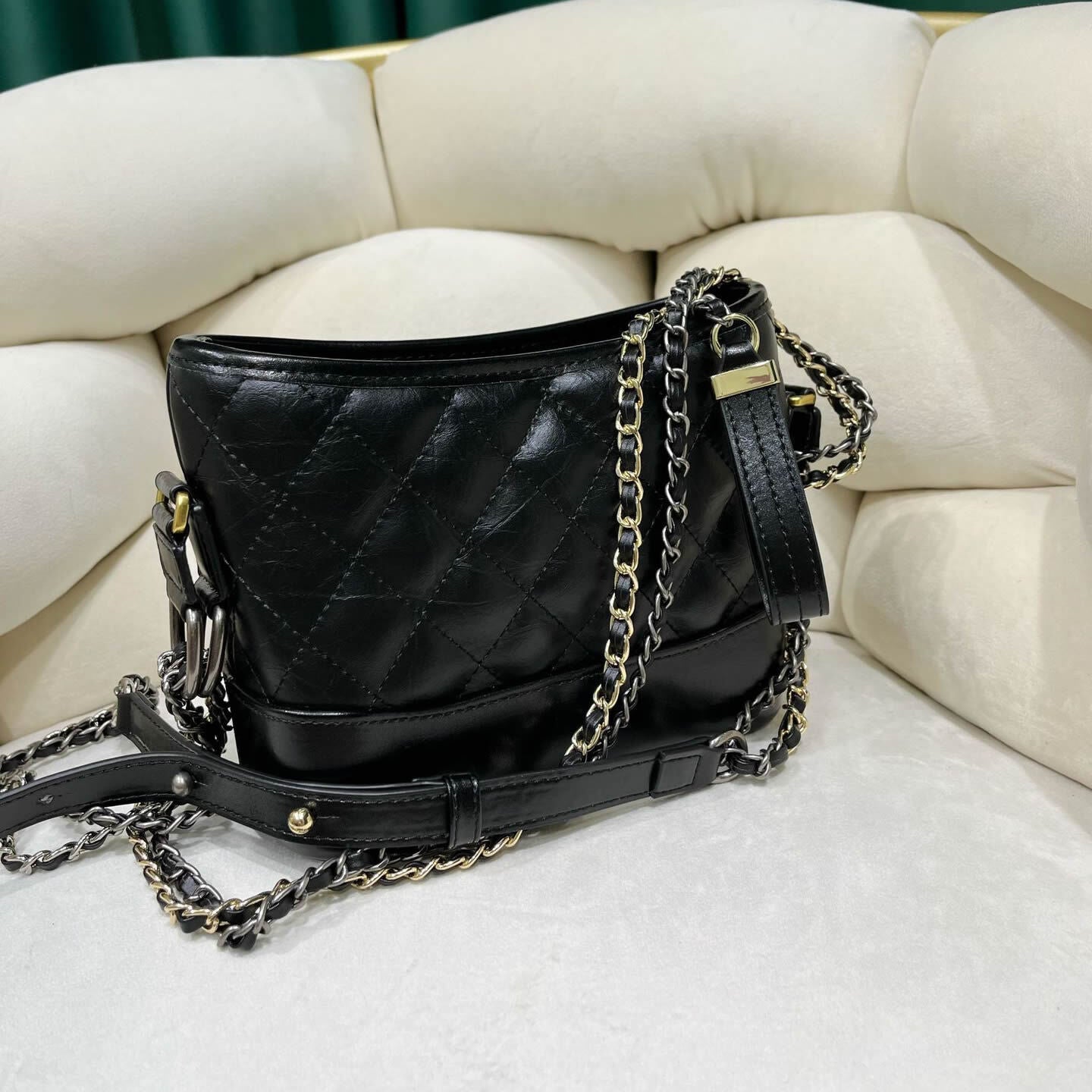 Quilted Real Leather Shoulder Bag Hobo Purse Double Chains Crossbody Handbag