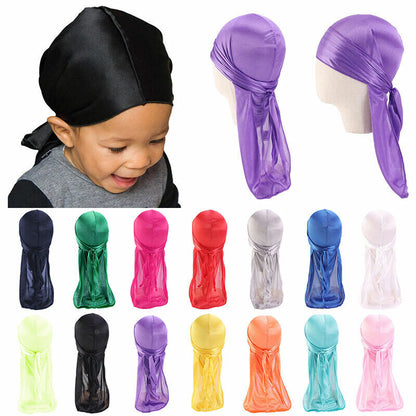 Silky Durag For Kids Boys Long Tailed Pirate Hat Hip-Hop Bandanas Doo Rag Turban