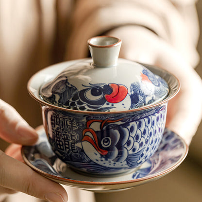 Blue and White Fish Bowl Tea Cup Tea Bowl with Cover Ceramic Home Tea Tea Set