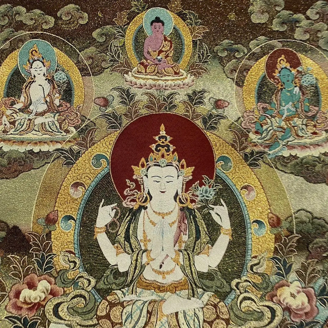 35" Tibetan Buddhism Embroidery Four Arm Guanyin Buddha Thangka Wall hanging