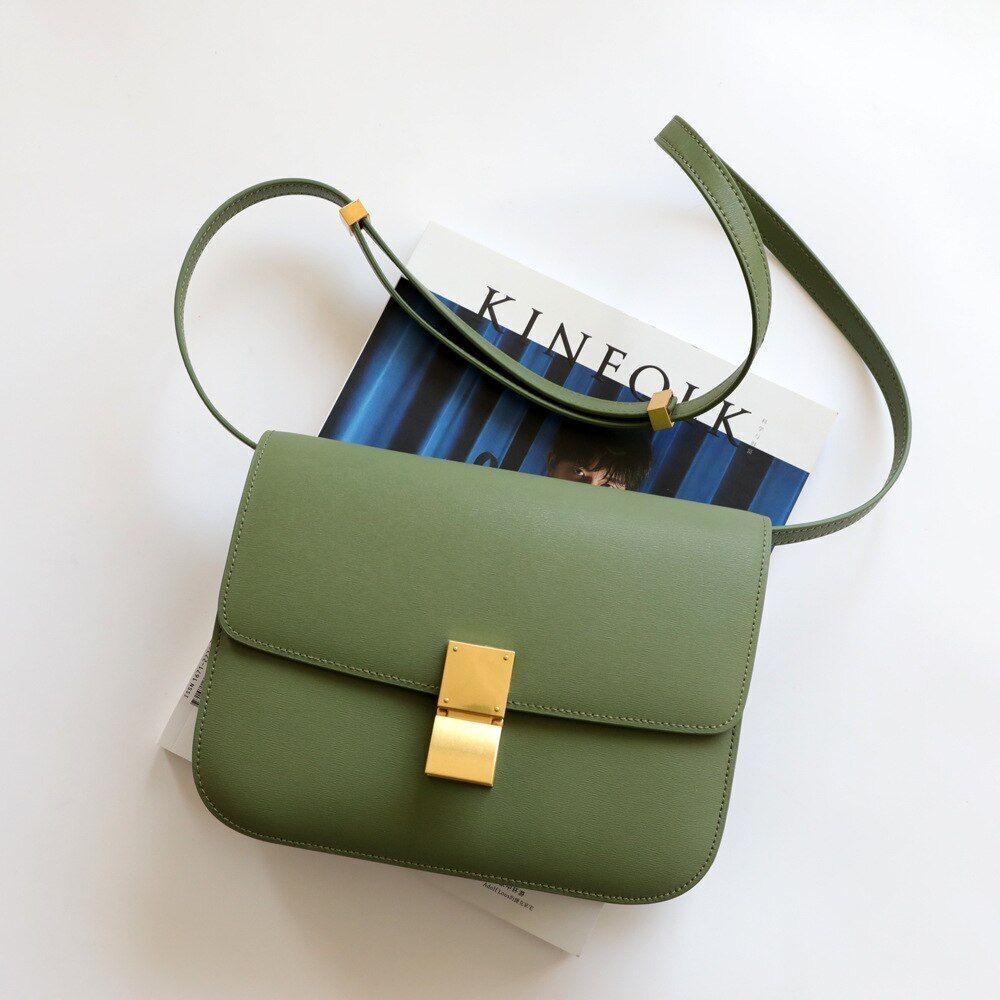 Classic Genuine Cow Leather Flap Crossbody Bag Box Shoulder Purse Flap Green Red