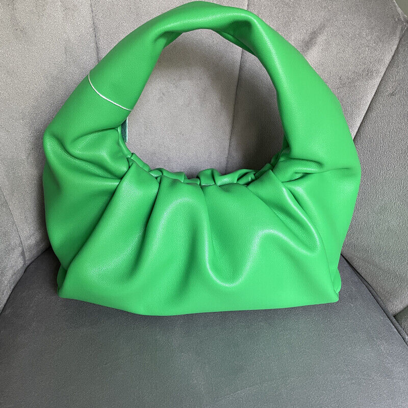 Small Mini Real Leather Ruched Tote Pouch bag Purse Clutch Clip on Top Handle