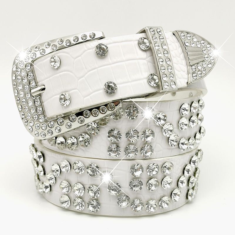 Women Leather Belt Rhinestone Fashion Men Casual Bling Jeans Waistband 110x3.3cm