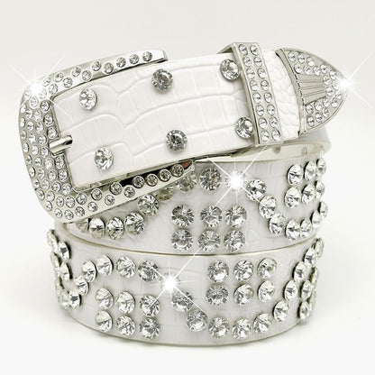 Women Leather Belt Rhinestone Fashion Men Casual Bling Jeans Waistband 110x3.3cm