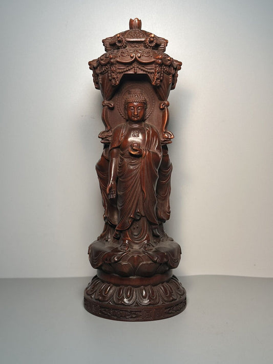 Vintage Chinese Wooden Carving Buddha Statue Home Decor Kwan Yin Prayer Buddhist