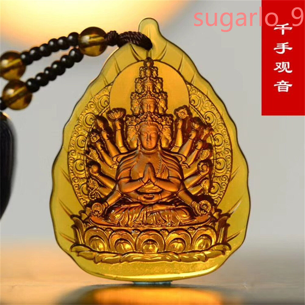 Glamour Ice Yellow Crystal Carved Talisman Buddha Buddhist Pendant Religious Necklace -