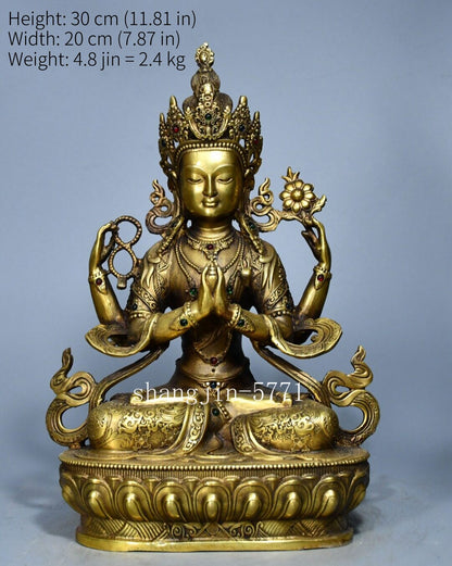 8.4"old Xizang Buddhism Temple Bronze Four Arms Chenrezig Buddha Statue