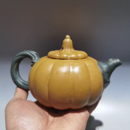 6.6" Chinese Yixing Zisha Pottery Duan Clay 360CC Hand Made Pumpkin Leaf Teapot