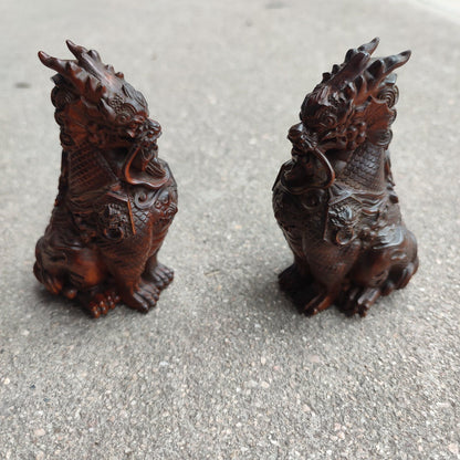 A Pair Of Chinese Dragon Statue Loong Seraphim Kylin Unicorn Lung Sculpture Wood