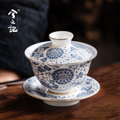 Chinese Blue White Gaiwan Porcelain Lidded Tea Bowl Saucer Gongfu Tea 165ml