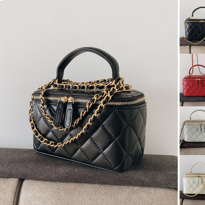 Quilted Lambskin Leather Vanity Case Chain Box Shoulder Bag ClutchTote Purse