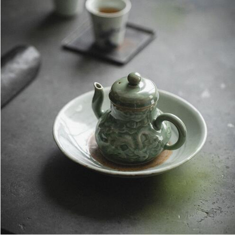 120ml Yue Kiln Celadon Plum Green Glaze Retro Handmade Relief Dragon Teapot