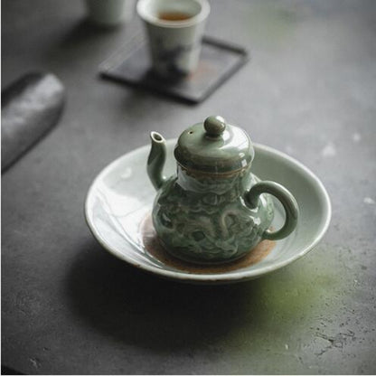 120ml Yue Kiln Celadon Plum Green Glaze Retro Handmade Relief Dragon Teapot