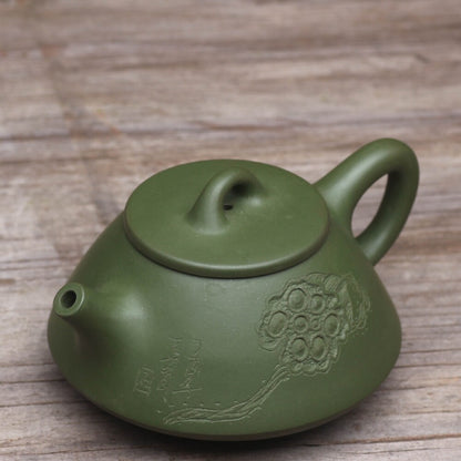 Chinese Real Yixing Zisha Republic Green Clay Marked Lotus Root Carved Tea Pot